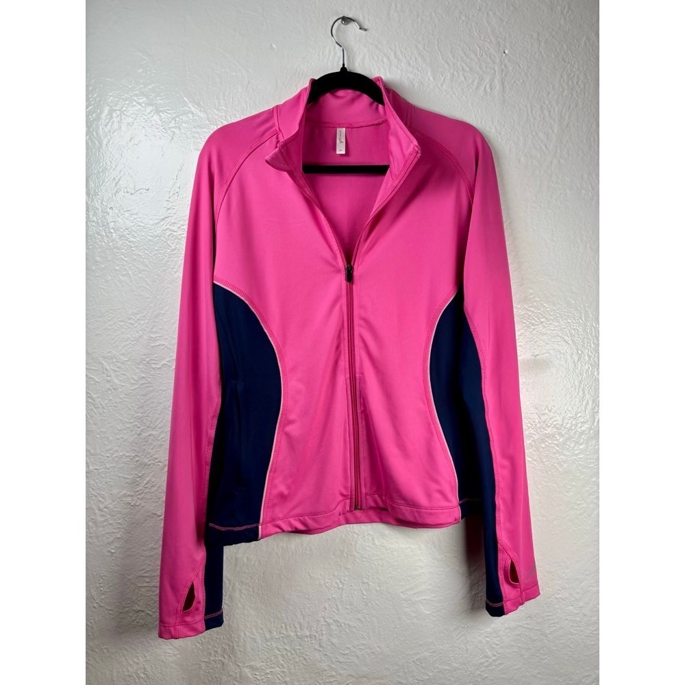 Track Jacket Women Large Pink Navy Blue Full Zip Thumbholes Mock Neck Athleisure